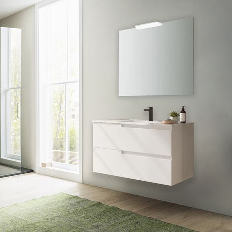 Mobile bagno sospeso 100 cm in legno bianco satinato con lavabo ad incasso - Vanda - Standard