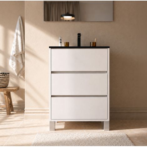 Mobile bagno 50cm Bianco con 3 Cassetti e Lavabo in Ceramica Nera - XENOS (1/5)