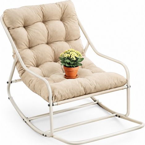 Rocking-Chair Fauteuil à Bascule avec Mouvement Réglable et Coussin Épais, pour Intérieur et Extérieur, Acier Beige