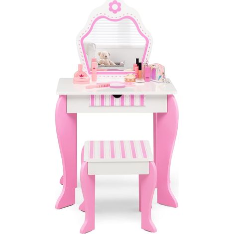 COSTWAY Coiffeuse pour Enfants avec Miroir et Tabouret en Bois - Style Princesse Cadeau pour Filles Rose (1/5)