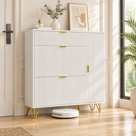 Meuble à chaussures entrée avec 2 abattants et 2 portes - 110 x 24 x 112 cm - Étagère Réglable à 2 Positions - Blanc (1/5)