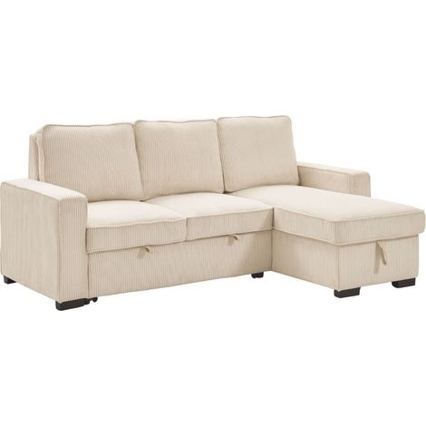 Canapé d'angle droit convertible avec 1 coffre velours côtelé beige - NAPOLINO
