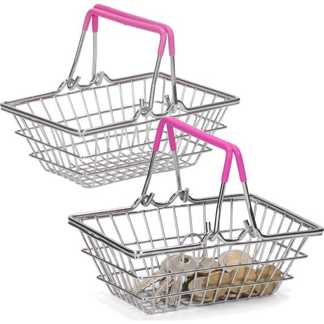 Lot de 2 mini corbeilles de courses en métal avec poignées, panier de rangement, multi-usages, organisateur de bureau, porte-maquillage, panier à collations, vide-poches, organisateur, boîte à (1/5)