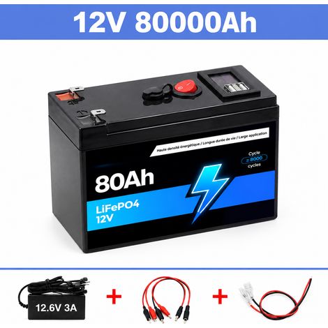 Batterie Lithium 12V 80Ah 18650 avec Chargeur Câble Pinces Crocodiles Câble Bornier 150x64x95 mm Noir – 15 × 6,4 × 9,5 cm – Livraison gratuite (1/5)