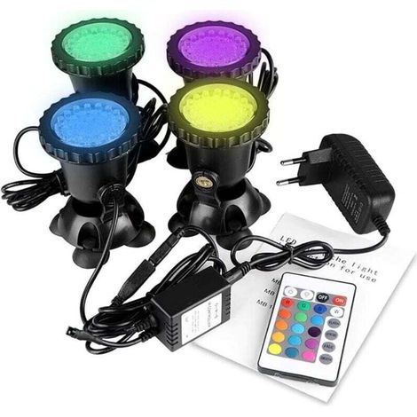 Kit de 4 Spots Aquatiques LED RVB avec Télécommande - IP68 Étanche - pour Aquarium, Bassin de Jardin (1/4)