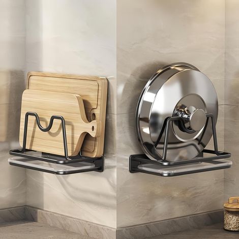 Lot de 2 - Support mural pour couvercles de casseroles avec bac récupérateur de graisse - Adhésif sans perçage - Noir (1/3)