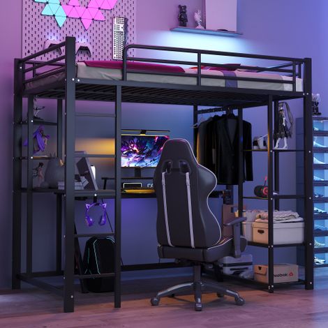 Letto a soppalco con scaletta 90200 cm, letto singolo/letto per bambini con tavolino, meccanismo di aggancio facile e vani portaoggetti, nero (1/5)