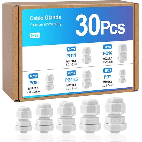 Lot de 30 raccords de câbles étanches PG7, PG9, PG11, PG13.5, PG16 - Presse-étoupes étanches avec joints pour boîte de dérivation (1/5)