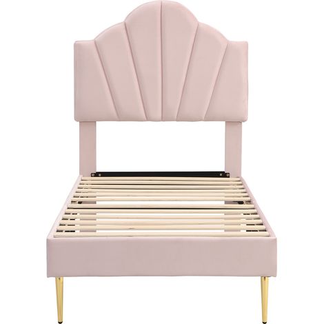 Lit rembourré en velours rose 90 x 200 cm, tête de lit coquillage, pieds dorés (1/5)