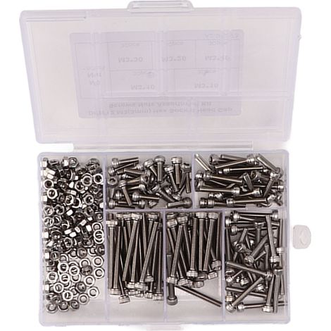 Kit d'assortiment de vis à tête hexagonale creuse M3 en acier inoxydable 304 avec écrous et boîte de rangement (1/5)