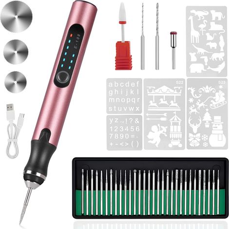 Stylo graveur électrique 37 bits, machine à graver sans fil rechargeable par USB, adaptée à la gravure de bijoux, de bois, de verre et de pierre (rouge rose). (1/5)