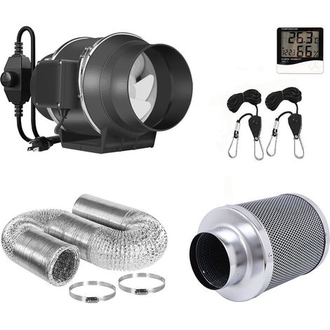 Ventilador en línea de 4 pulgadas y 190 CFM con controlador de velocidad, filtro de carbón de 4 pulgadas y 8 pies de conducto, monitor de temperatura y humedad para ventilación de carpas de cultivo. (1/5)