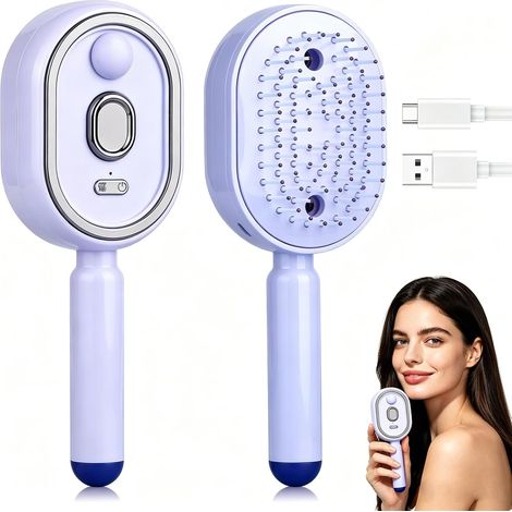 Brosse électrique vapeur 3 en 1 spray nébuleuse lilas massage cheveux rechargeable USB-C (1/5)