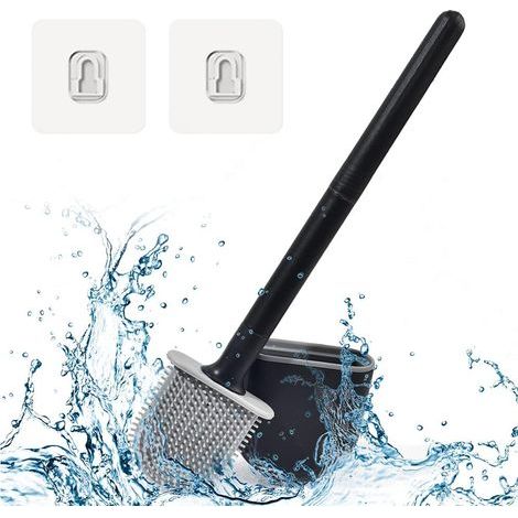 Brosse de toilette en silicone, brosse et support de brosse, brosse de toilette à tête plate pour un nettoyage en profondeur, accessoires de salle de bain noirs (1/5)