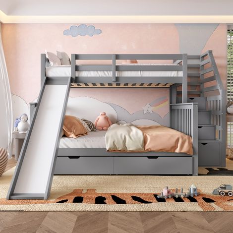 Lit superposé gris avec tiroirs et rangement, 90x200 + 140x200 cm, multifonctionnel, glissière intégrée, meuble 2 places (1/5)
