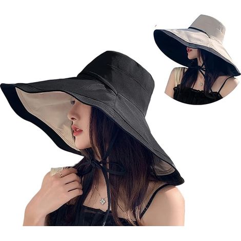Packable grand chapeau de soleil bordure pour les femmes - 6,7" large-bordure UV-protection femmes-soleil-plage-chapeaux avec sangle,noir (1/5)