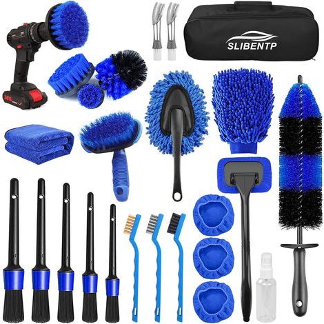 Set di 26 spazzole per la pulizia dell'auto, spazzola per la cura dell'auto, kit per la pulizia dell'auto, kit di spazzole per la pulizia di interni ed esterni, spazzola per la pulizia con trapano ele (1/5)