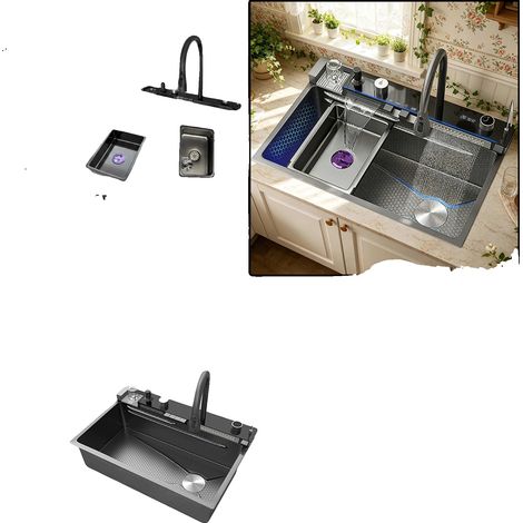 Évier de cuisine, acier inoxydable, simple cuve, FM-6846CM-SET-droit (1/2)