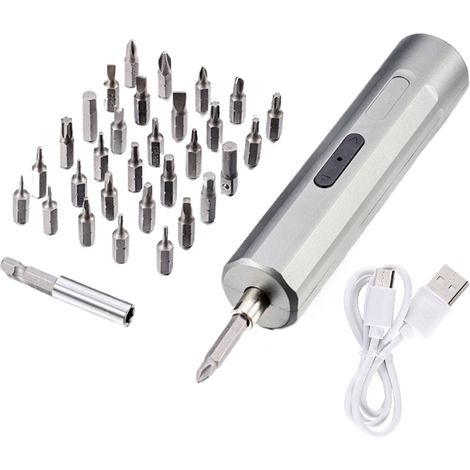 Jeu de tournevis électrique sans fil 34 en 1, 3 Nm, 3,7 V, avec embouts en acier et batterie rechargeable 2000 mAh, port USB-C
