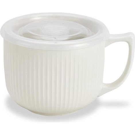 Bol de cerámica para sopa con asa de 946 ml (32 oz) – Bol para ramen en microondas con tapa – Blanco – Para cereales, avena, ramen y sopa