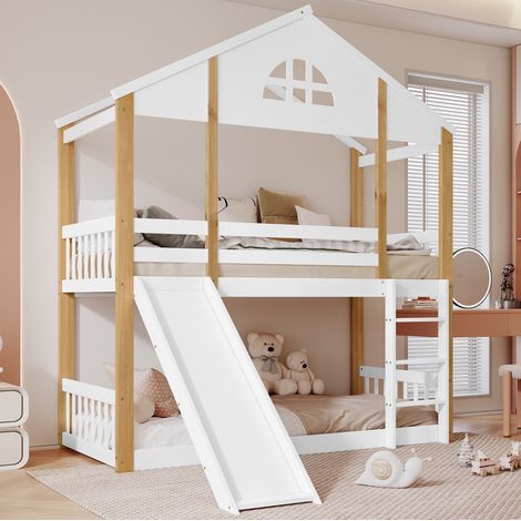 Cama litera casita de madera maciza y MDF blanco/natural 90x200 cm con ventana, escalera en ángulo y tobogán (1/5)