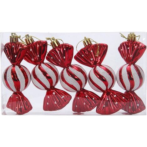Lot de 5 boules de Noël - Collection glitter - Motif bonbon - Style vintage - Avec cordon de suspension - Décoration de sapin d'intérieur (1/4)