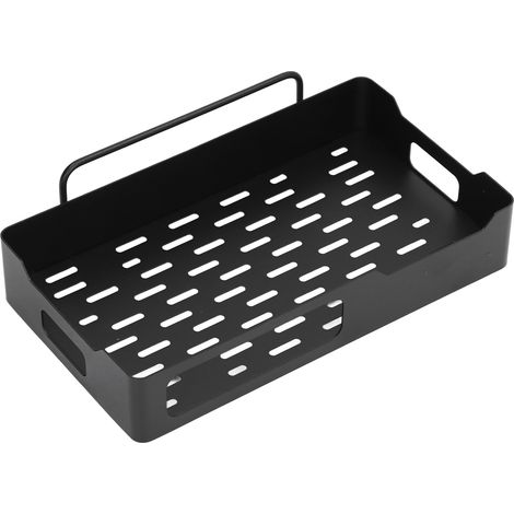 Étagère murale sans perçage en acier inoxydable base grille avec 3 crochets pour cuisine salle de bain noir (1/5)