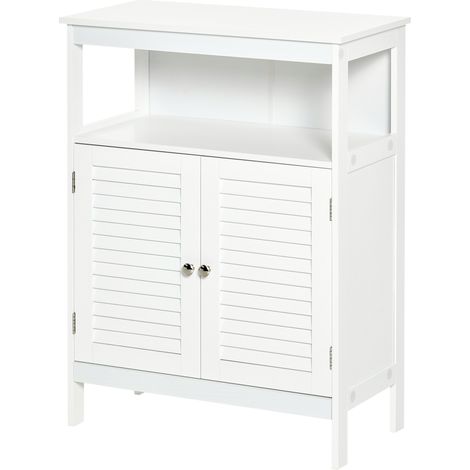 Armoire de Salle de Bain 2 Portes Persiennes avec Étagère Ouverte Rangement 60x30x81.6 cm Blanc (1/5)