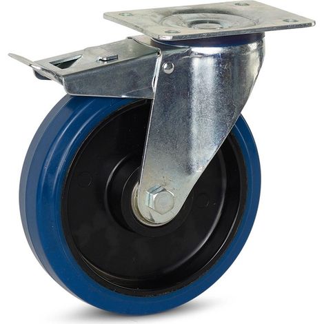 Roulette pivotante freinée - MESO - Caoutchouc élastique bleu - 200mm - 350kg - Platine (1/2)