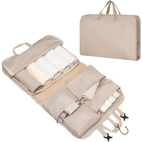Organiseur de vêtements suspendu – 5 compartiments colorés – Housse de rangement pour vêtements et accessoires – Pour voyage et organisation de valise – Beige (1/5)