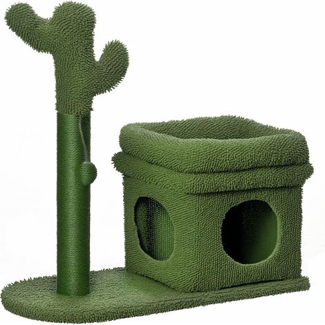 Katzenkratzbaum im Kaktus-Design mit Schlafhöhle, Sisalstamm und Hängeball, 68 x 30 x 67 cm, Grün