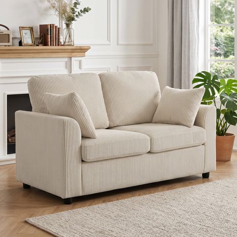 Canapé 2 Places en Velours Côtelé, Canapé de Salon 144 cm avec Assise Large Rembourrée, 2 Oreillers, Beige (1/5)