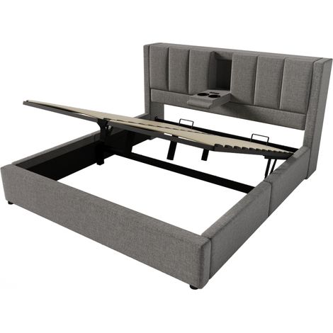Cama tapizada 160x200 cm gris de lino con arcón, carga USB y Type-C (1/5)
