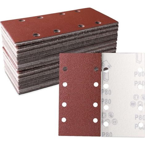 Lot de 30 feuilles abrasives 93 x 185 mm Papier abrasif carré auto agrippant 8 trous 80 grains Idéal pour ponçage, polissage et dérouillage Convient pour ponceuse rectangulaire (1/4)