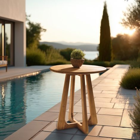 COLINE - Table à manger de jardin ronde en bois de teck recyclé D70cm (2 COLIS) (1/5)
