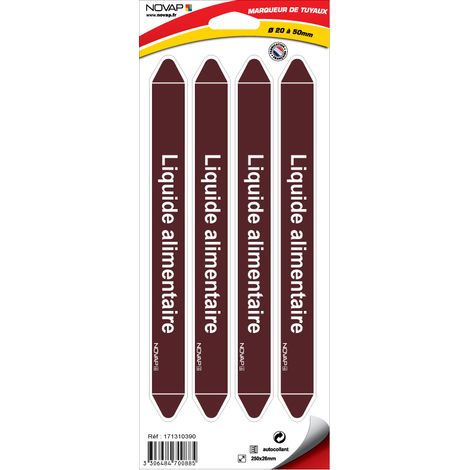 Planche de 4 marqueurs de tuyauterie 250 x 26 mm pour Ø 20 à 50 mm - Liquide alimentaire - 4700885