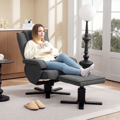 Fauteuil inclinable avec repose-pieds, pivotant 360°, dossier réglable & bascule, velours gris foncé, appui-tête – salon TV (1/4)