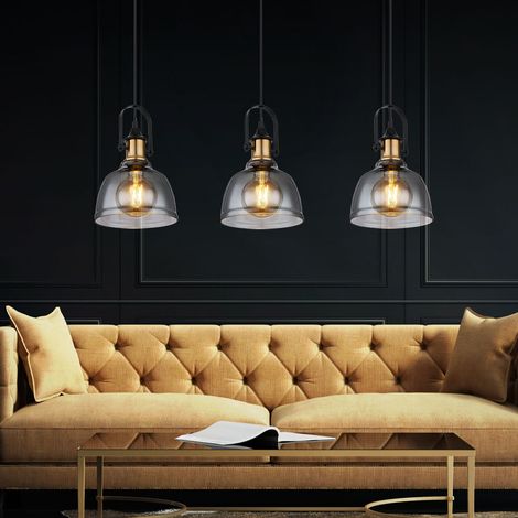 Suspension suspension lampe suspension lampe suspension lampe salle à manger, 3 flammes, métal rétro laiton verre fumé noir, 3x douilles E27, LxPxH 83,5x20x120cm (1/5)