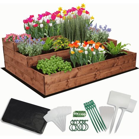 MODO24 Carré potager surélevé en bois, 3 niveaux en cascade, 36x117x93 cm, jardin/terrasse, kit jardinier inclus, brun imprégné