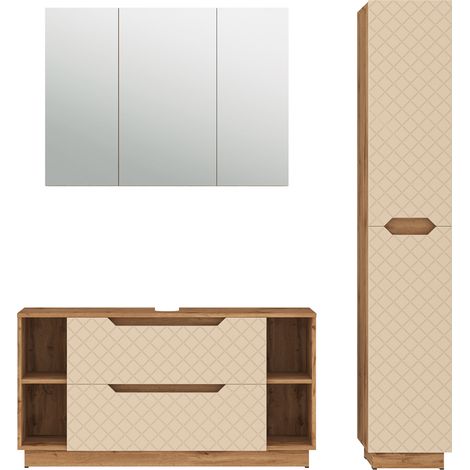 Meubles bain Lotta, Chêne/cachemire avec structure en carreaux, 3 pièces, Vicco (1/5)