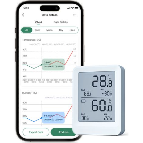 Enregistreur T°/HR BT – froid/transport, appli, export PDF/CSV, grande capacité (1/5)