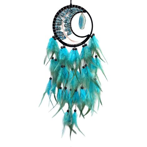 Pendentif vintage à pompons en plumes, ornement attrape-rêves en pierre de cristal, décoration murale pour voiture et maison, bleu (1/4)