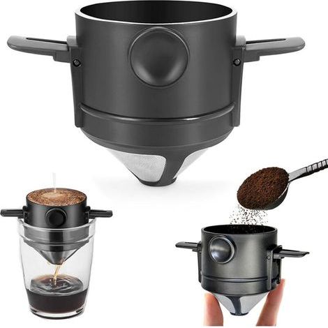 Wiederverwendbarer, papierloser Kaffeefilter aus Edelstahl mit zusammenklappbarem Filterhalter. (1/4)