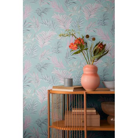 Papier peint intissé feuille et palmier aux tons bleu et rose - 10,05 x 0,53 m - collection Cosmopolitan (1/5)
