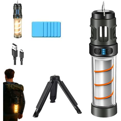 Lampe de camping portable intégrée, lampe de secours étanche IPX5 avec trépied, cinq niveaux d'intensité réglables, chargement USB pour l'intérieur, le jardin et les pique-niques (noir) (1/5)