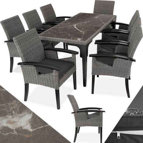 Tectake – Ensemble table et chaises de jardin 8 places – Tressage en poly rotin – Plateaux en grès cérame – Résistant aux intempéries gris (1/4)