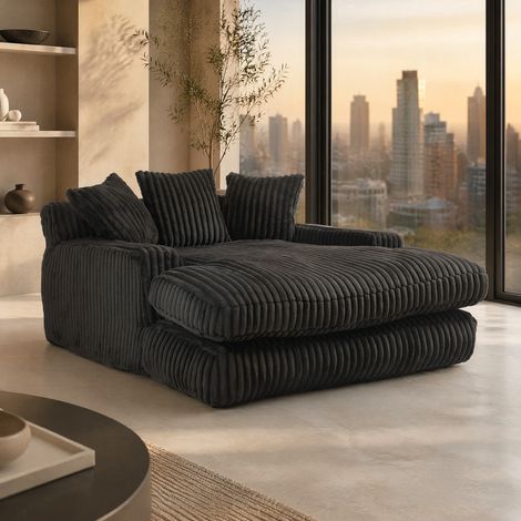 Chaise longue de 1 plaza en terciopelo acanalado, 3 cojines, negro, 125 x 155 x 63 cm HAVRYA (1/5)
