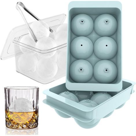 Grands bacs à glaçons ronds pour le congélateur, faciles à remplir et à démouler, pour les cocktails à base de whisky et de bourbon (4,8 cm x 6 sphères - bleu/lot de 2) (1/5)