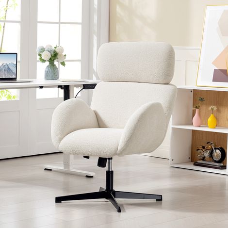 Silla de oficina con tapizado de tela con aspecto de terciopelo, silla tapizada con base de acero, silla de escritorio regulable en altura, color blanco crema.