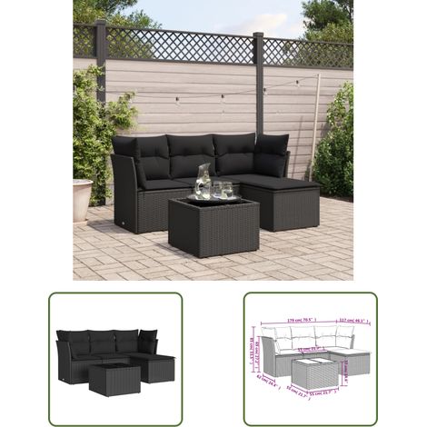 The Living Store Salon de jardin 5 pcs avec coussins noir résine tressée - Ensemble Salon De Jardin - Mobilier De Jardin - Salon De Jardin Pliable - Meubles De Jardin Résistants Aux Intempéries - Cana (1/3)
